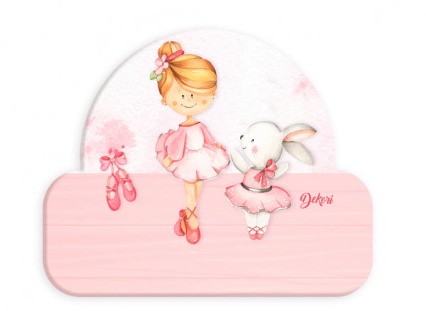 naambord ballerina met konijn meisjes 12 x 17 cm hout roze