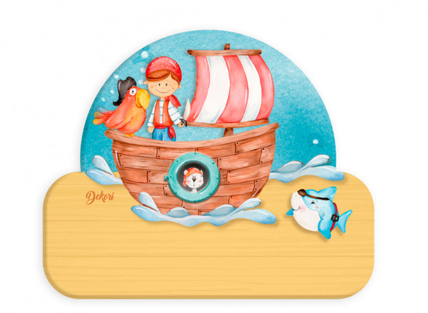 naambord piratenboot junior 12 x 17 cm hout bruin/geel