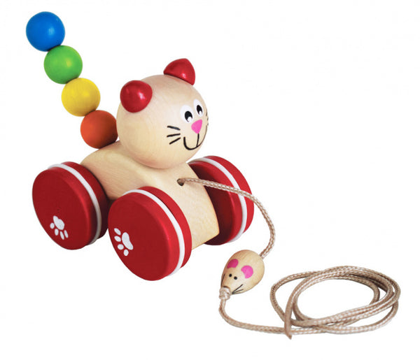 trekdier kat en muis junior 12 x 10 cm hout naturel/rood