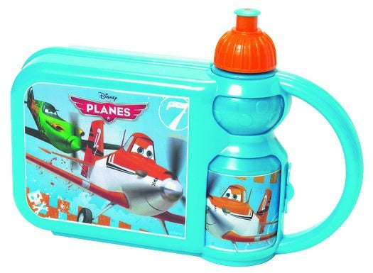 Broodtrommel met beker Planes blauw/oranje