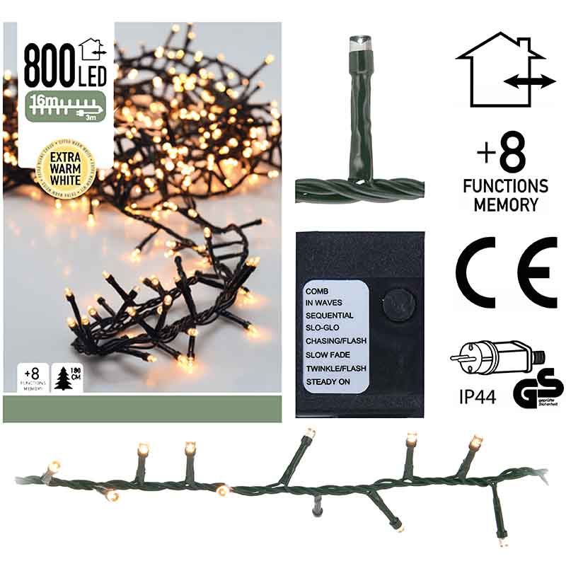 Micro Cluster 800 LED's  -16 meter - extra warm wit - 8 functies + geheugen