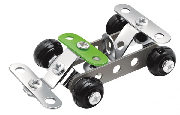 bouwpakket Metal Bricks raceauto staal chroom 42-delig