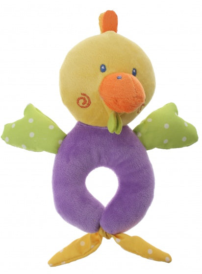 pluche rammelaar eend geel/paars 16 cm