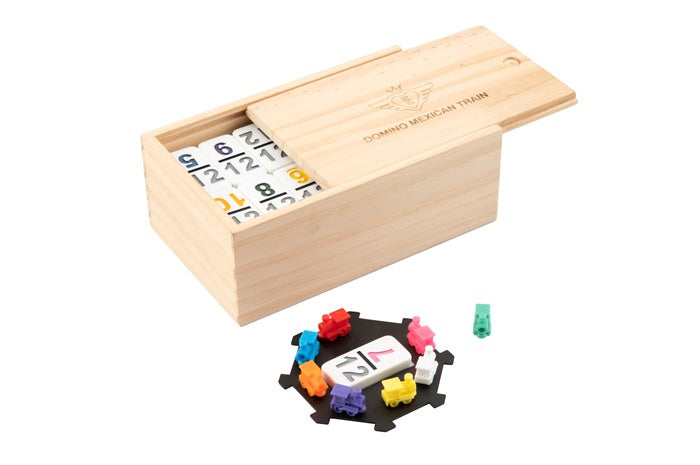 dominospel Mexican train hout naturel/wit 101-delig