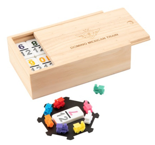 dominospel Mexican train hout naturel/wit 65-delig