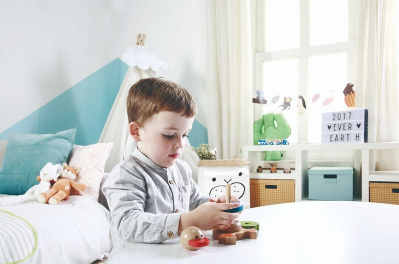 Houten stapelringen eend multicolor 13 cm