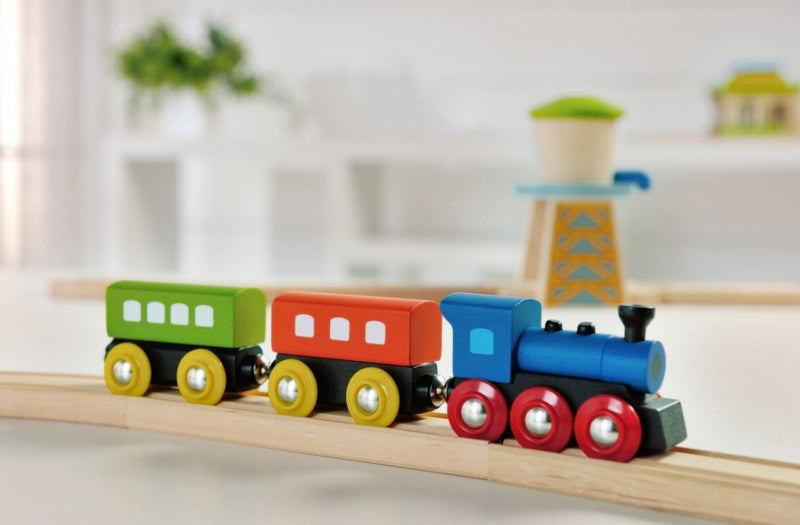 treinstel hout 22,7 cm 3-delig blauw/groen/oranje