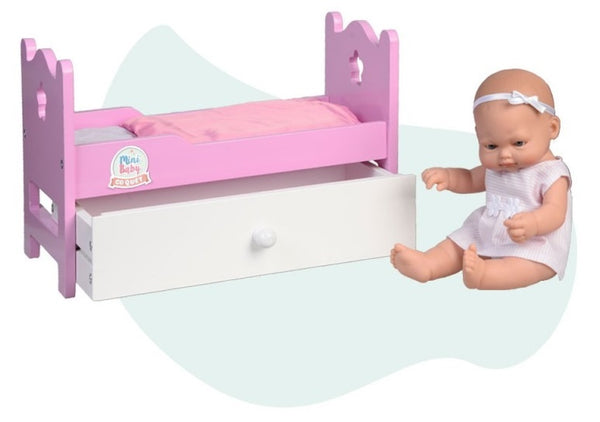 babypop Mini Baby met houten bed en lade 28 cm roze