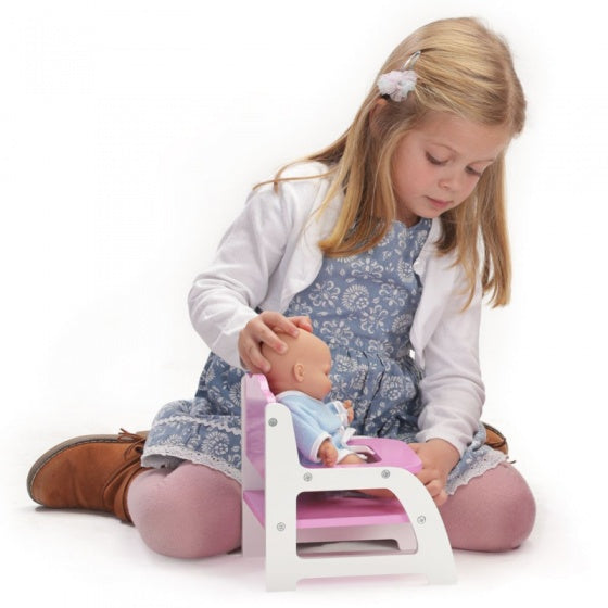 babypop Mini Baby met houten kinderstoel 28 cm roze