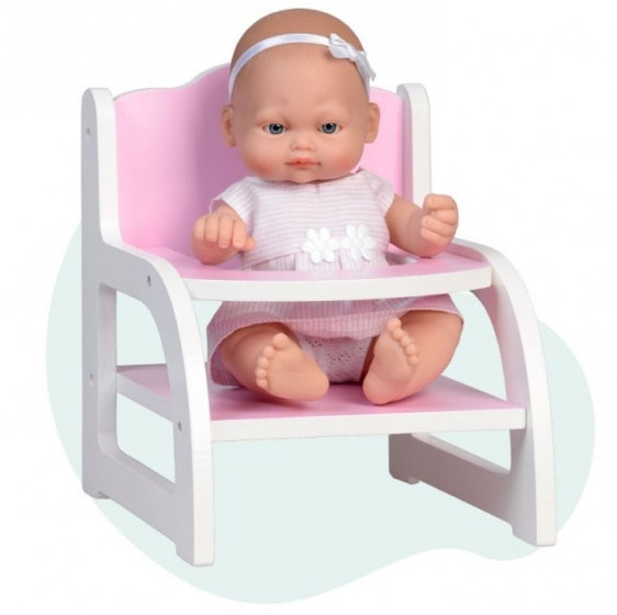 babypop Mini Baby met houten kinderstoel 28 cm roze