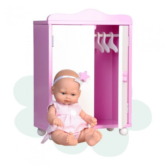 babypop Mini Baby met houten kledingkast 28 cm roze