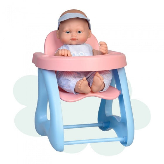 babypop Mini Baby met kinderstoel 28 cm blauw/roze