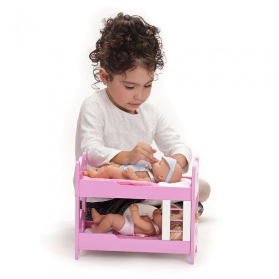 babypoppen Mini Baby met houten stapelbed 28 cm roze