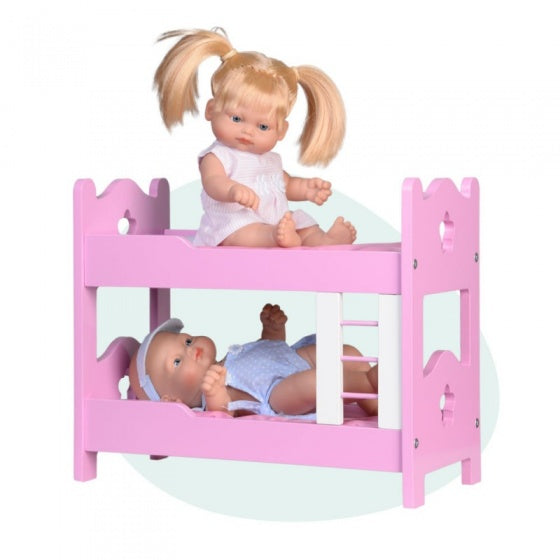 babypoppen Mini Baby met houten stapelbed 28 cm roze