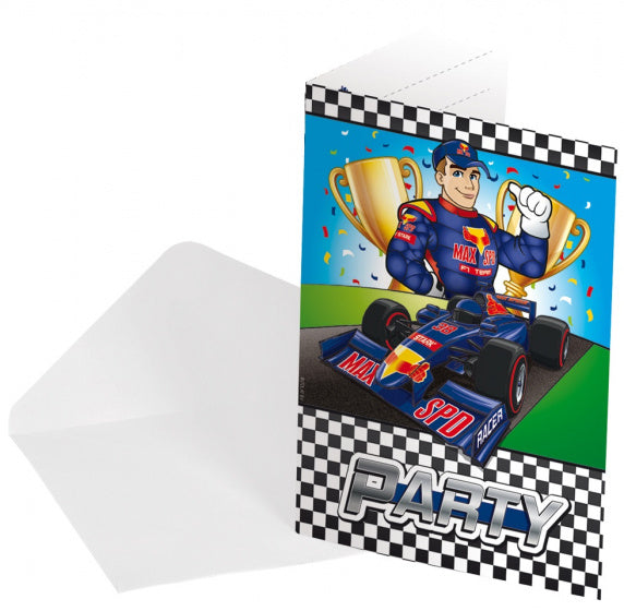 uitnodigingskaarten Formule 1 junior papier blauw 16-delig