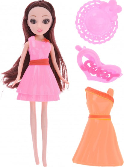 pop met extra jurk en acc. roze/oranje 23 cm 5-delig
