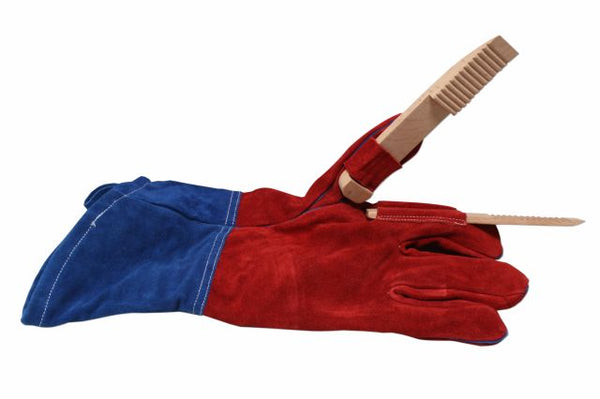Zwaar leren BBQ handschoen met houten klem
