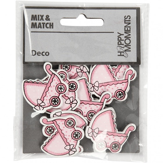 houten ornament kinderwagen 3,4 x 3,1 cm roze 10 stuks