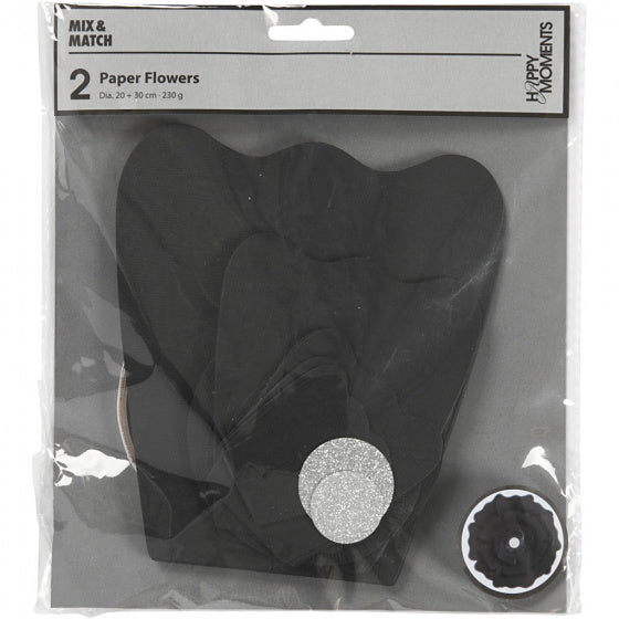 papieren bloemen zwart 15 + 25 cm 2 stuks