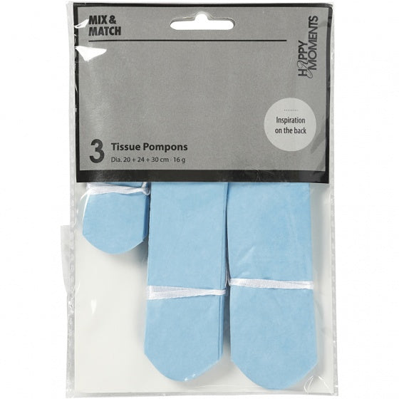 pompons zijdepapier 20-24-30 cm lichtblauw 3-delig