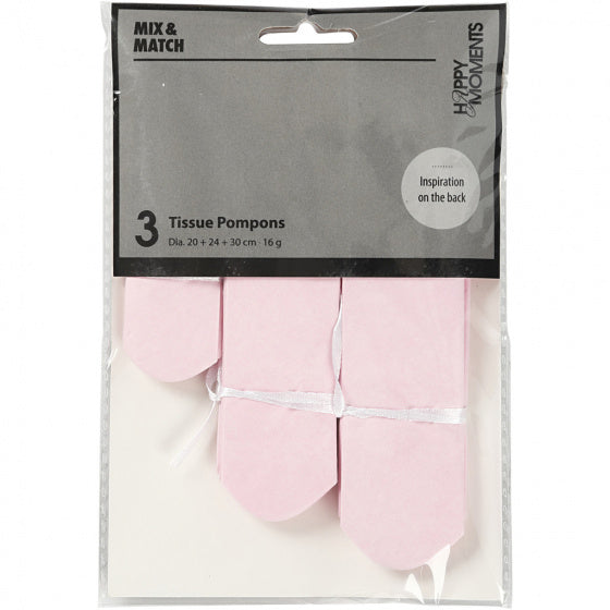 pompons zijdepapier 20-24-30 cm roze 3-delig