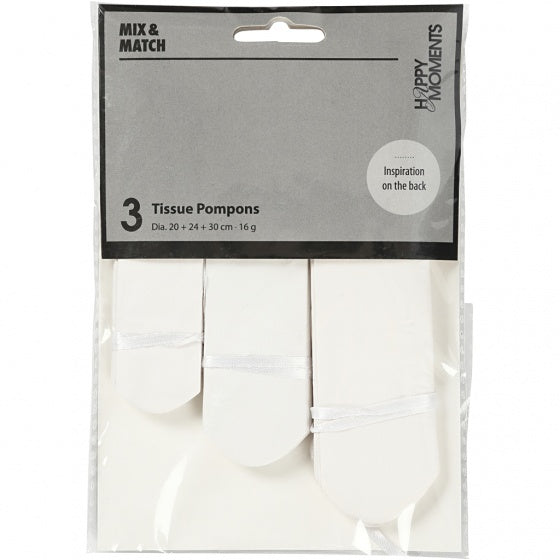 pompons zijdepapier 20-24-30 cm wit 3-delig