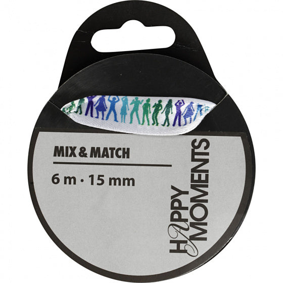 Satijnlint met print 15 mm x 6 m lichtblauw