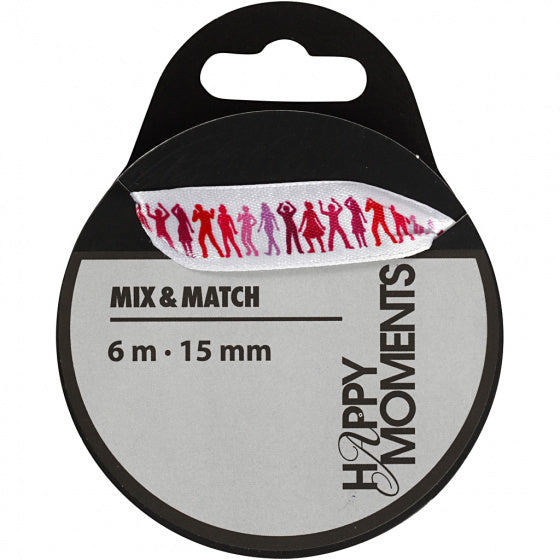 Satijnlint met print 15 mm x 6 m lichtrood