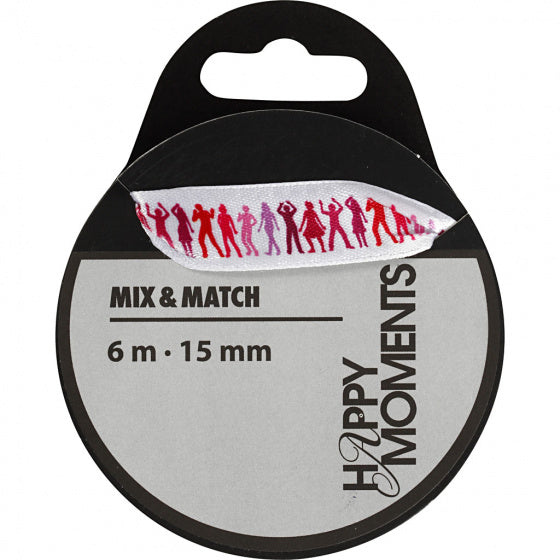 Satijnlint met print 15 mm x 6 m lichtrood