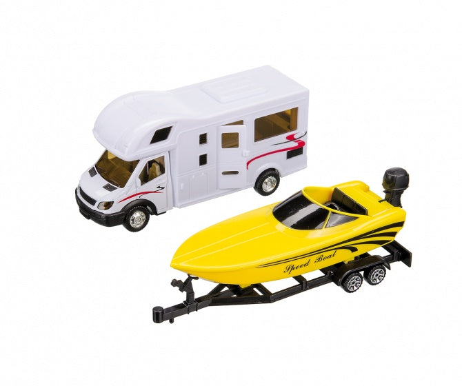 camper met speedboot op aanhanger 36 cm wit/geel