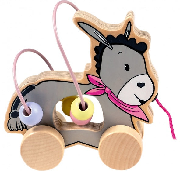 houten trekfiguur ezel met kralenframe 15 cm roze