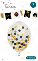 Festive numbers Confetti ballon zwart/goud 5 stuks