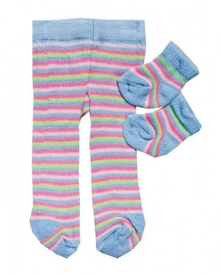 maillot en sokjes gestreept voor een pop van 28-35 cm