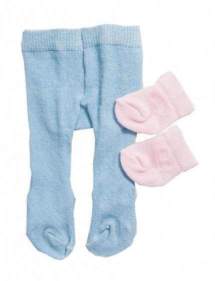 maillot en sokjes voor een pop van 28-35 cm blauw/roze