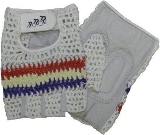 fietshandschoenen Crochet leer/gel wit/blauw/rood maat S
