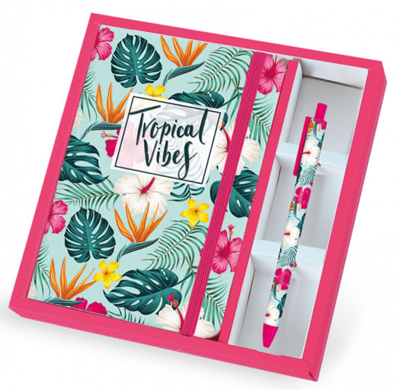notitieboek met pen Tropical A5 groen/roze 2-delig