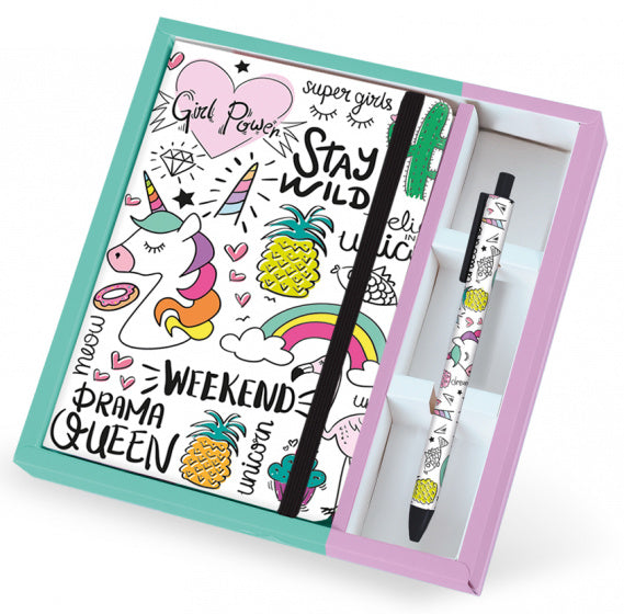notitieboek met pen Unicorn A5 wit/groen/roze 2-delig