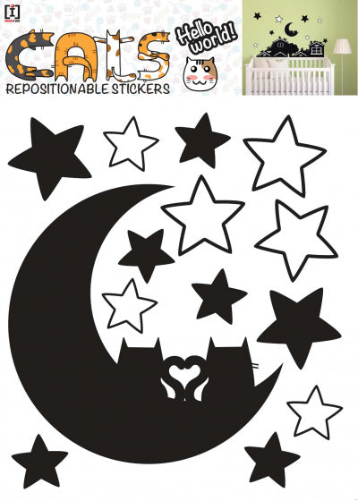 muurstickers Moon Cats A3 vinyl zwart 2 stuks