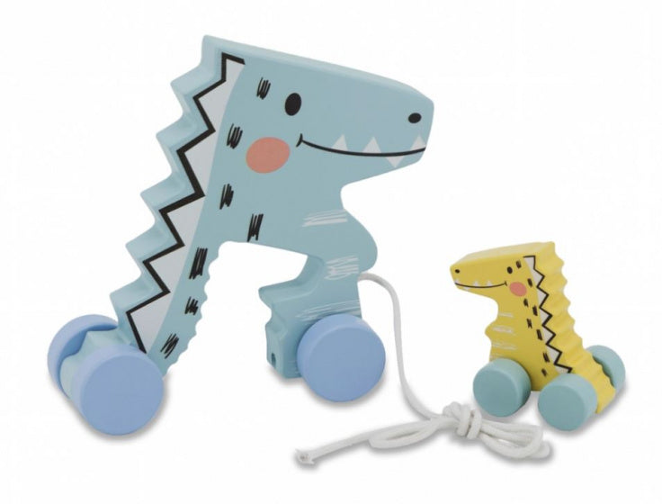 trekfiguur Dino junior 24 x 8,3 cm hout lichtblauw 2-delig