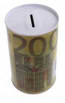 Metalen spaarpot met eurobiljet print 200 euro geel