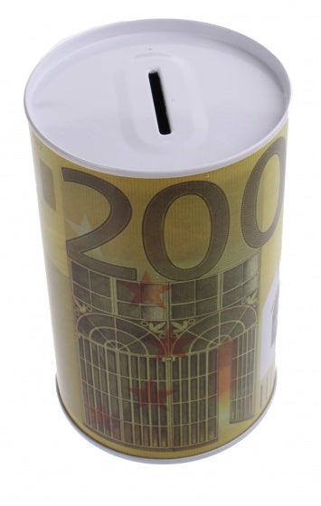 Metalen spaarpot met eurobiljet print 200 euro geel