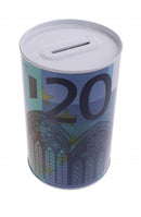 Metalen spaarpot met eurobiljet print 20 euro blauw