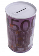 Metalen spaarpot met eurobiljet print 500 euro paars