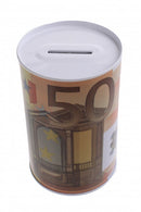 Metalen spaarpot met eurobiljet print 50 euro oranje