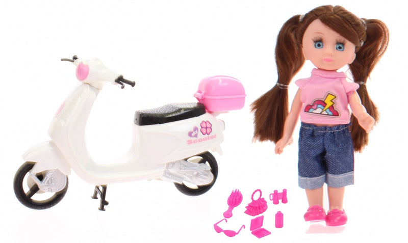 pop Lily Dolls - scooter 15 cm wit/roze/bruin 10-delig