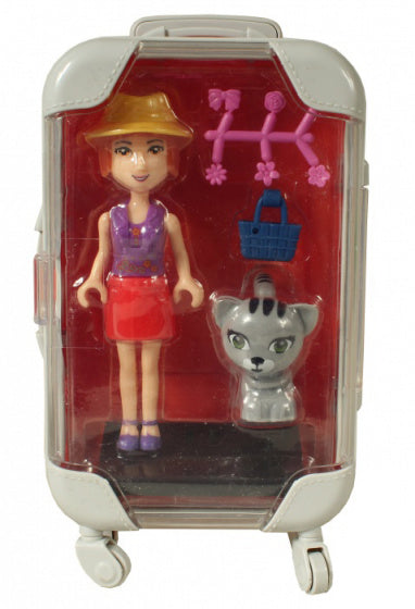 pop met poesje in oranje reiskoffer meisjes 17 cm 6-delig