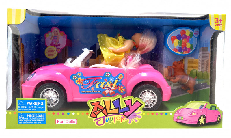 popje met auto en hond roze/geel 12 cm
