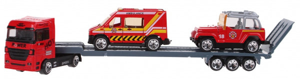 vrachtauto met oplegger met 2 wagens 24 cm rood/grijs