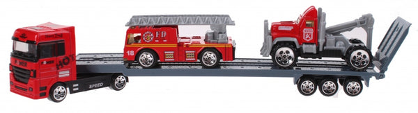 vrachtauto met oplegger met 2 wagens grijs/rood 24 cm