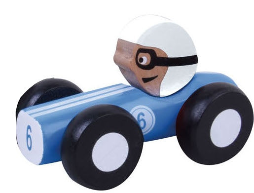 houten raceauto 9 cm blauw